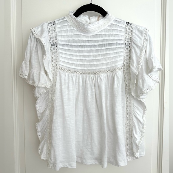 NWT LADIES FREE PEOPLE IVORY LACE RUFFLE  slubbed jersey BLOUSE SIZE XSmall - Picture 8 of 14